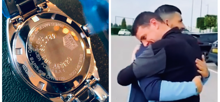 Left: One of the engraved watches; right: Sergio Aguero with Ally Marland