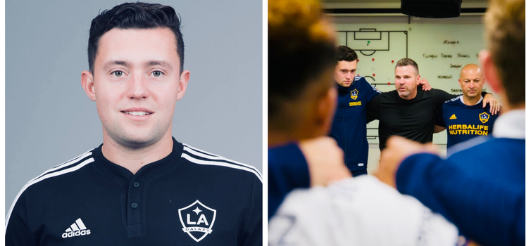 Left: Sam Green. Right: In a huddle with Galaxy Head Coach Greg Vanney (centre)