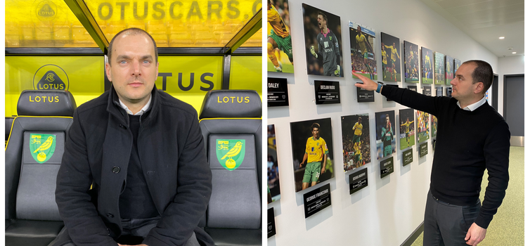 Left: in the dugout at Carrow Road. Right: in front of a wall showing the homegrown players who have made first-team appearances for Norwich.