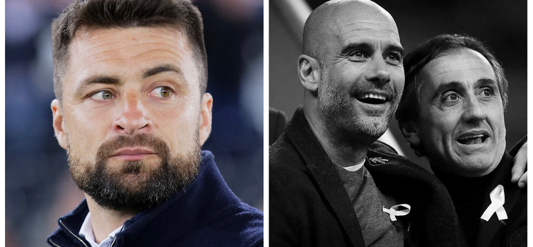 Russell Martin (left) and Pep Guardiola with Manel Estiarte (right)