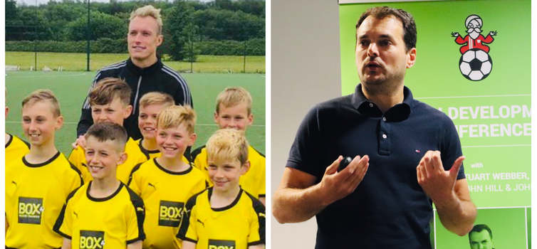 Phil Jones with players from Midlothian Box Soccer (left) and Stuart Webber (right)