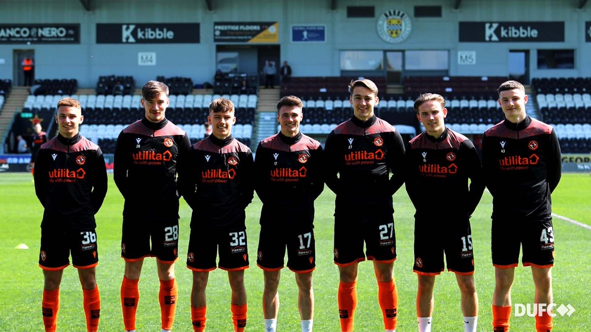 Dundee United fielded seven Academy graduates in their matchday squad against St Mirren. From left to right: Darren Watson, Jake Davidson, Archie Meekison, Jamie Robson, Louis Appere, Logan Chalmers and Kerr Smith.