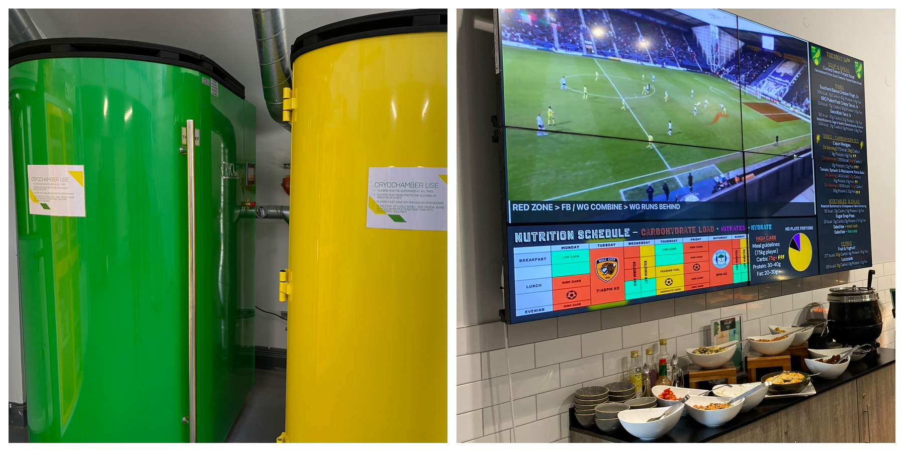 Left: Cryochambers in club colours; right: colour-coded nutrition advice in the canteen. 