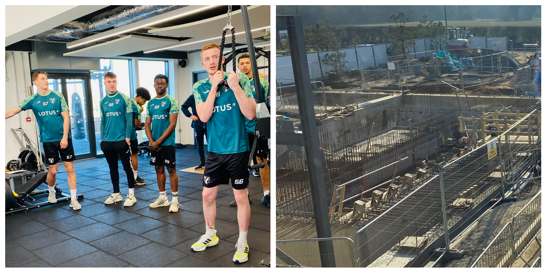 Left: Norwich U18s listen to their coach in the gym; right: work underway on the hydro centre.