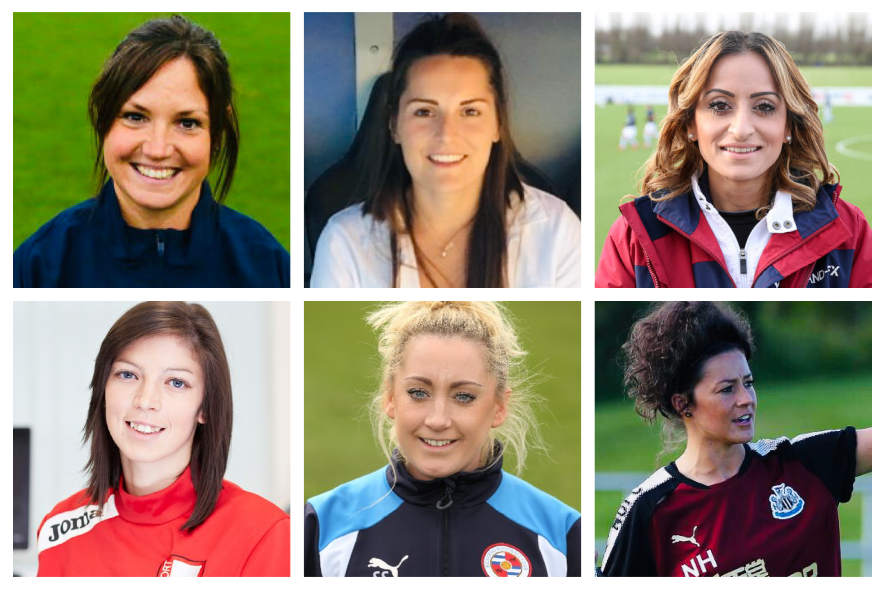 From top, left to right: <b>Claire Lynne Smith</b> (Stoke City U11 Head Coach), <b>Sarah Lowden</b> (Reading U12s), <b>Manisha Tailor MBE</b> (QPR Foundation Phase Lead), <b>Nia Davies</b> (Swansea Foundation Phase coach), <b>Shelley Strange</b> (Reading U11 Lead Coach), <b>Natalie Henderson</b> (Newcastle U12 coach)