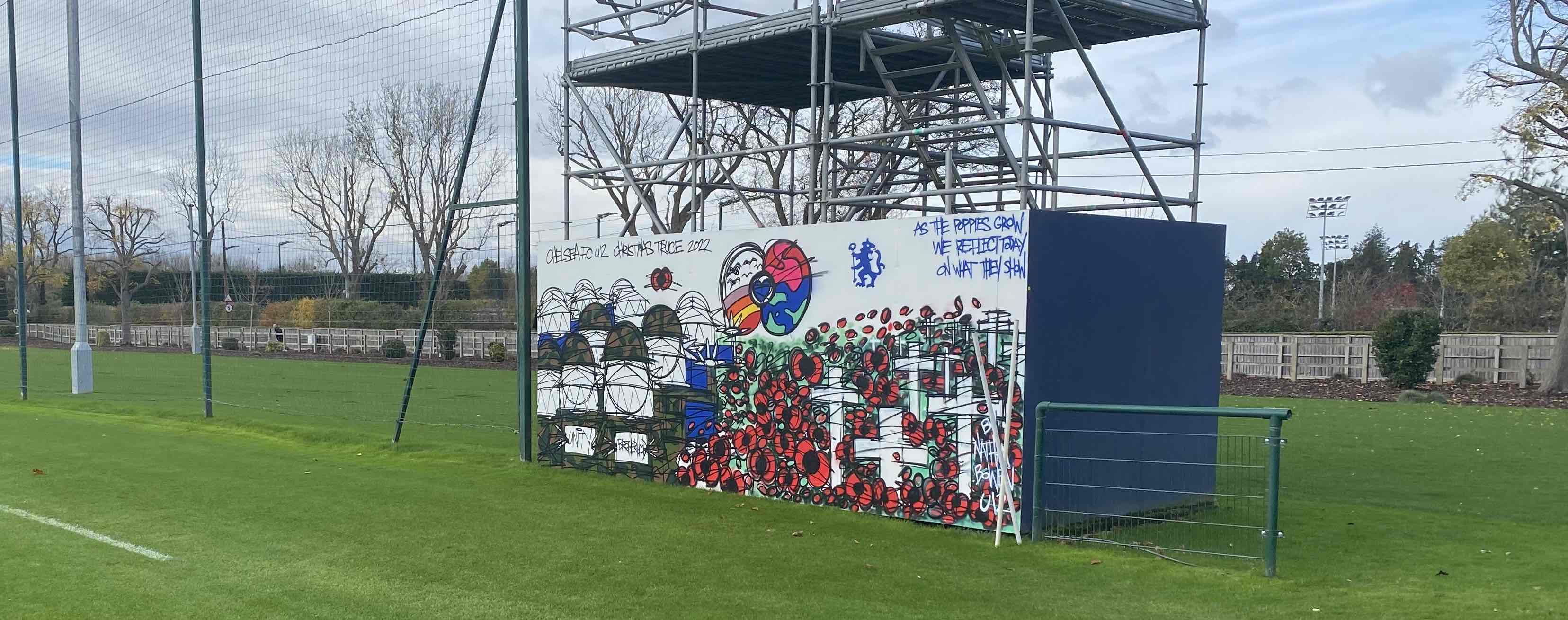 Graffiti artist Nathan Bowen created this mural beside Chelsea's main Academy match pitch as part of the 'Truce Project' to mark Remembrance Day 