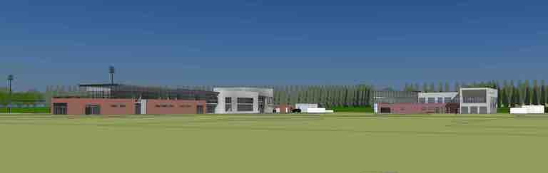 Pavilion on the left will house Academy and Women's teams; new building on the right will house the men's first team 