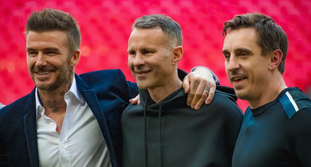 Salford City co-owners Ryan Giggs (centre) and Gary Neville (right) with David Beckham (left)