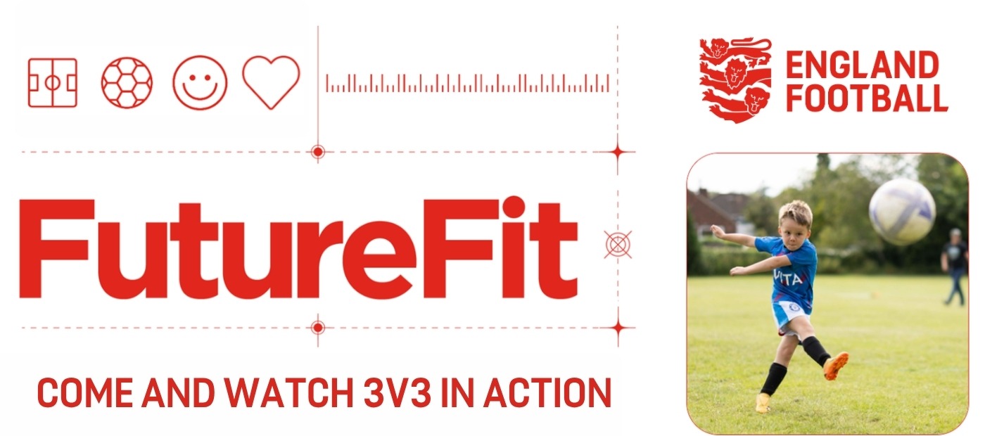 Banner about FutureFit next to an image of a boy in a blue shirt kicking a football