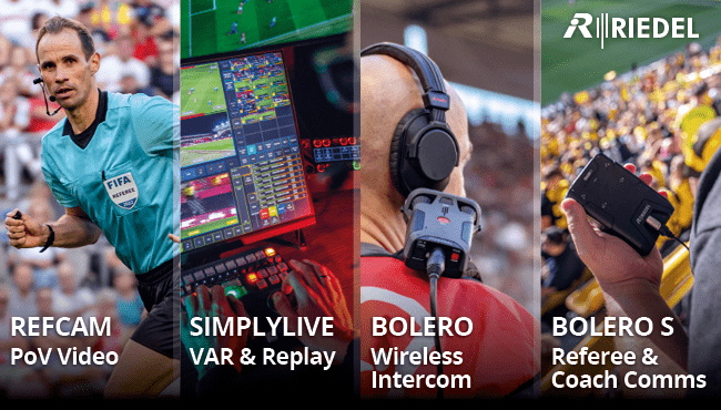 Riedel advertising banner with photos of a referee, a screen, a person wearing headphones and someone holding a handset along with descriptive words